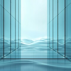 A perspective view of a glass corridor with wavy water background and light teal color palette