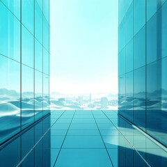 A futuristic hallway with blue glass walls and a distant city skyline in a bright setting