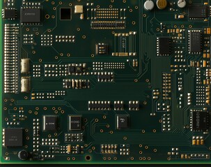 A close-up view of a green circuit board, featuring intricate gold traces and numerous solder pads, awaiting electronic components.