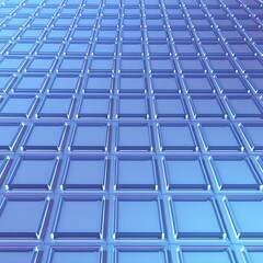 A perspective view of a grid pattern made of translucent squares with blue and purple lighting