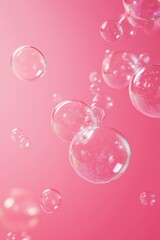 Translucent bubbles float against a soft pink backdrop; varying sizes and subtle highlights create a dreamy, ethereal effect