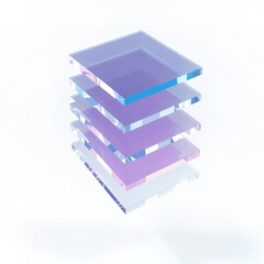 A stack of translucent square acrylic sheets with purple and blue hues on a white surface