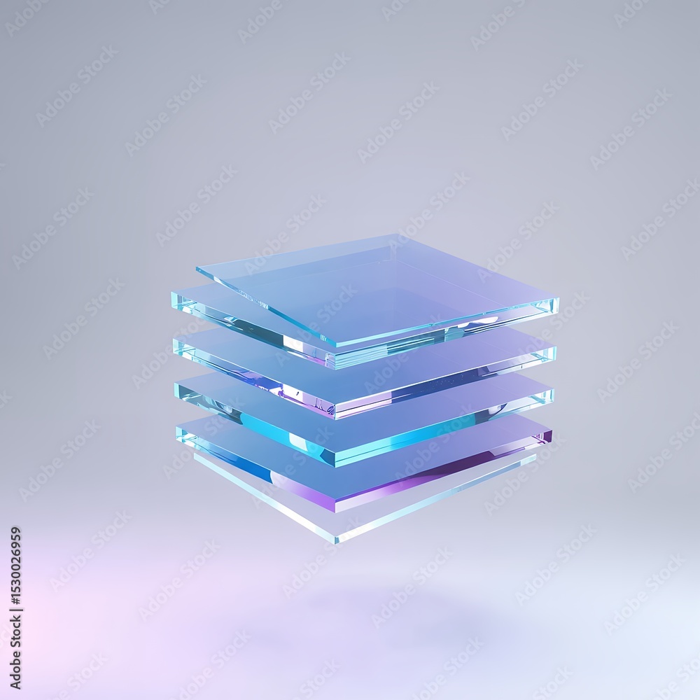 Poster stack of translucent iridescent square panes floating against a gradient background hue