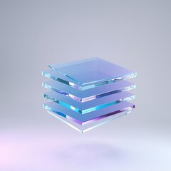 Stack of translucent iridescent square panes floating against a gradient background hue