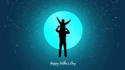 Happy father's day banner with Silhouette son is riding his father is neck at blue full moon night time vector design