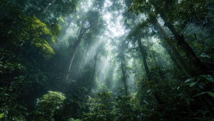 Lush rainforest canopy, sunlight beams