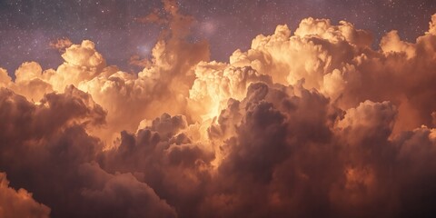An ethereal view of fluffy clouds illuminated with golden light against a starry sky backdrop