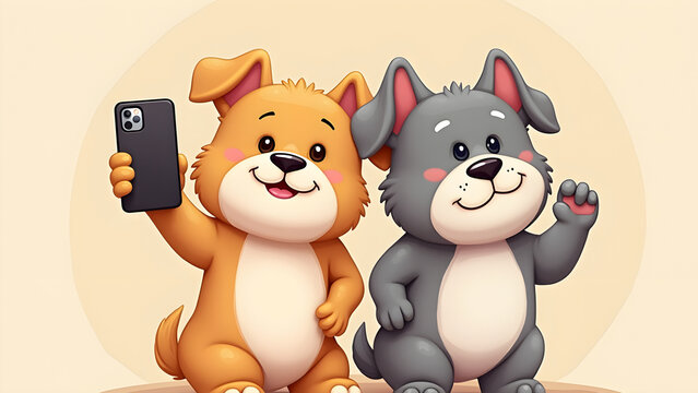 Two Adorable Bulldogs Taking a Selfie with a Phone