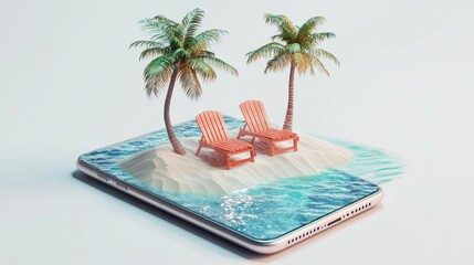 3D Render of Smartphone Showcasing Tropical Island with Chairs