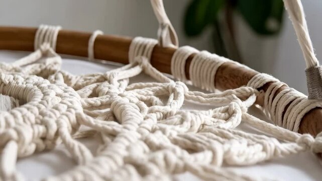 Close-up of handcrafted macrame hammock chair showing detail and texture, light and airy boho design, indoor relaxation space for reading and lounging