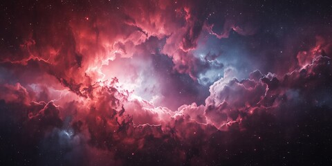 A vibrant nebula with swirling clouds of red and pink illuminated by distant stars and light