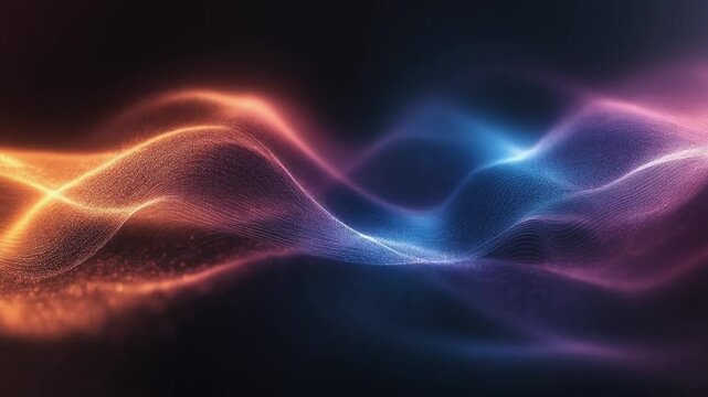 脈打つ光の粒が幾何学的な波模様を描き出し、深みのある色彩と柔らかな光に包まれた高精細ループ背景用映像

