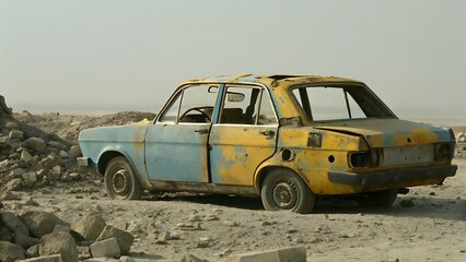 An old abandoned blue and yellow car sits in a desolate landscape with rocks around it