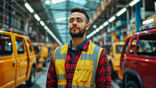 Factory Worker's Moment of Peace: A bearded man, wearing a safety vest, stands amidst a car assembly line, eyes closed, seemingly taking a moment of quiet contemplation amidst the bustling industry.
