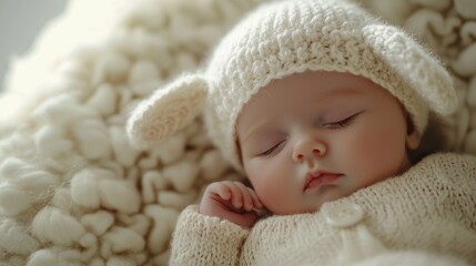 Adorable Baby in Lamb Bonnet Sleeping Peacefully Close Up