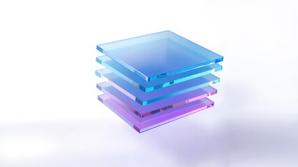 A stack of translucent square glass panes with blue and purple gradients on a white background