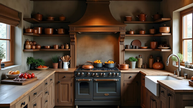 Rustic kitchen interior design featuring copper pans and wooden furniture