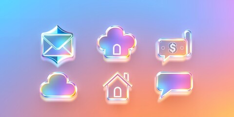 Iridescent glass icons including an envelope cloud house and speech bubbles on gradient background