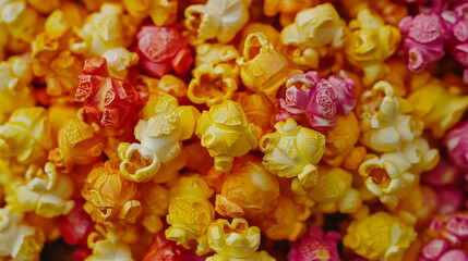 Multicolored popcorn background in gradient from yellow to red, creating a vibrant and playful texture. Ideal for snack-themed designs, party visuals, or colorful food marketing content.