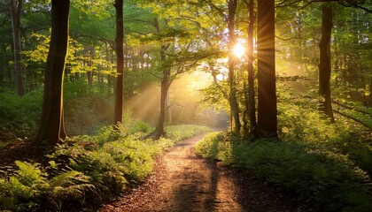 soft golden rays piercing woodland canopy highlighting verdant forest trail gentle morning light casting serene shadows on winding woodland path