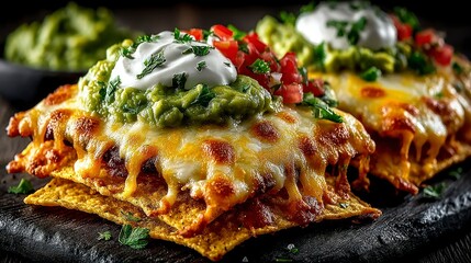 Spicy Melted Cheese Nachos with Guacamole and Sour Cream Topping