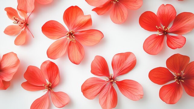 A top view of several red flowers with five petals each scattered on a white background arranged randomly