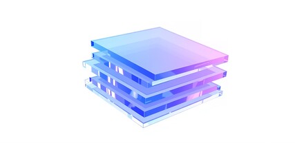 A minimalist stack of translucent square panels with a blue and pink gradient on white background