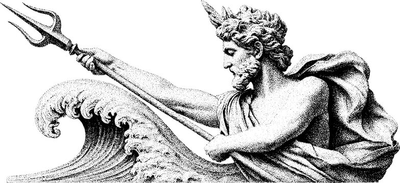 Majestic poseidon statue holding trident amidst swirling wave