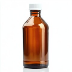 Amber glass bottle with white cap, isolated on white background, reflecting light