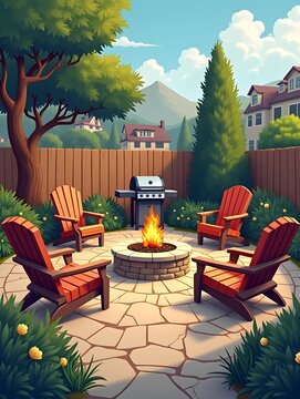 A patio with chairs tables and a fire place in the middle of the yard with a grill and grill in the back ground.