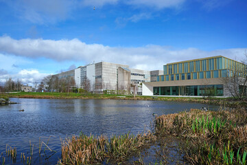 Modern suburban campus of University College, Dublin, with natural wetlands