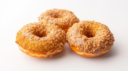 Three Crispy Coated Donuts on White, Dessert, Pastry