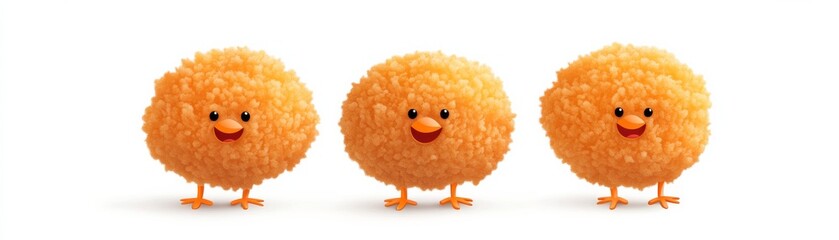 Three Fluffy Orange Chickens, Illustration, Cartoon