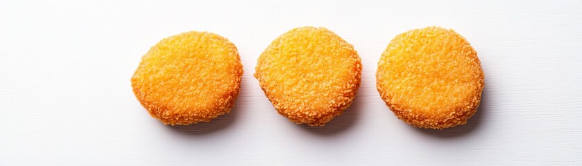 Three Golden Fried Patties on White Wood, Food photography, Snacks