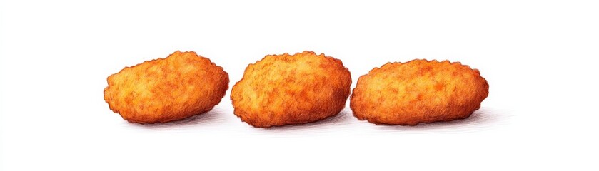 Three Golden Hash Browns on White, Breakfast , Food