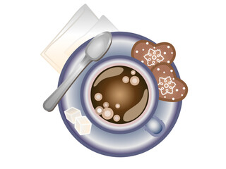 Cup with hot coffee on a saucer gently blue top view. On the saucer next to the cup are two ginger cookies with royal icing in the form of snowflakes, as well as a coffee spoon and two cubes of sugar.