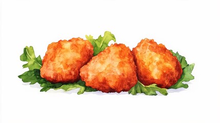 Watercolor Fried Chicken Nuggets on Lettuce, FastFood , Watercolor