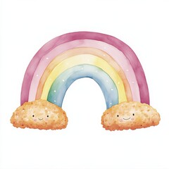 Watercolor Rainbow with Smiling Clouds, Nursery, Pastel