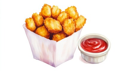 Watercolor Tater Tots Crispy Potatoes and Ketchup, Fast Food , Snack