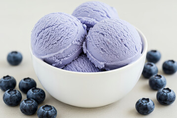 Close-up of a white bowl filled with three scoops of blueberry ice cream, garnished with a blueberry berries. 