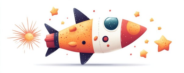 Whimsical Space Rocket with Stars and Sun Illustration, ChildrensArt , VectorArt