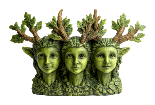 Nature-inspired decorative sculpture featuring three green faces artistic indoor unique concept isolated on transparent background