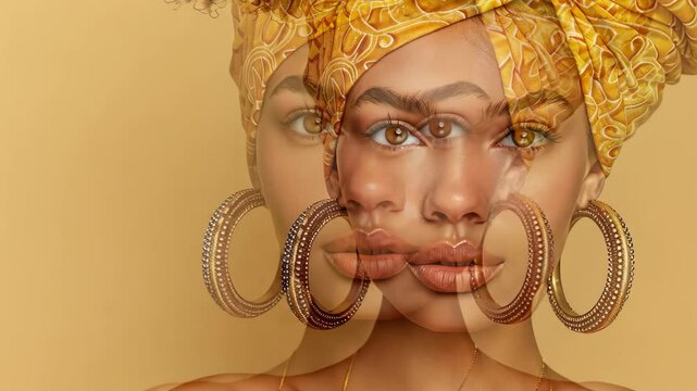Golden Aura of Grace: A captivating portrait of a woman adorned in a golden headwrap and large earrings, her face subtly layered to emphasize depth and beauty. The warm.