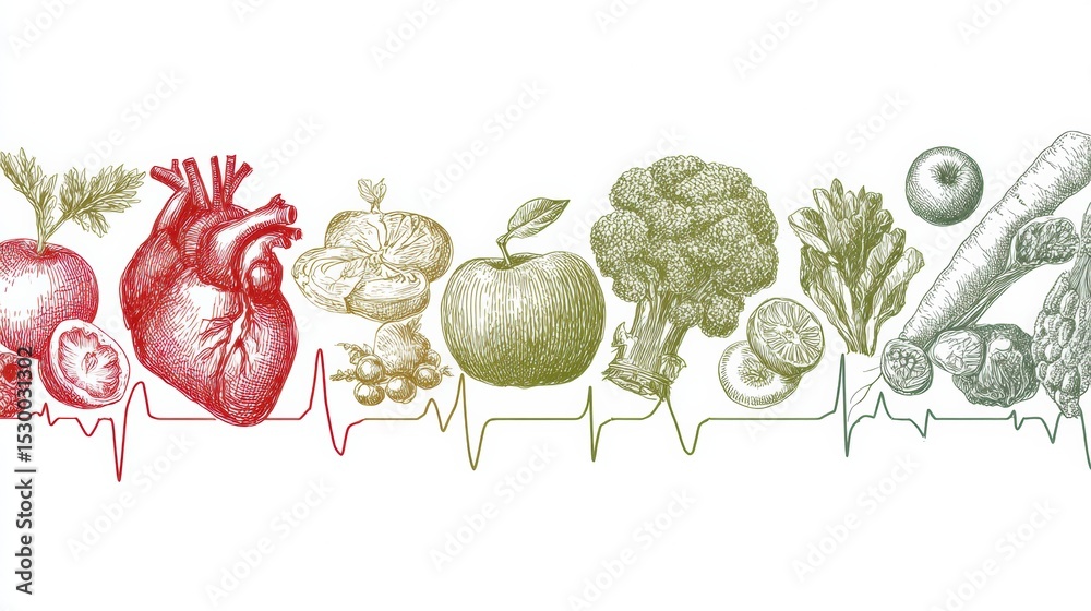 Poster healthy food icons creating a pulse line design representing vitality and wellness