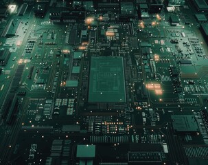 An intricate, detailed view of a green circuit board, densely populated with glowing components and traces, creating a sense of advanced technology and connectivity.