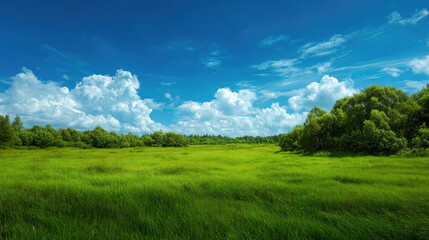 Obraz premium Expansive green meadow with tall grass under a bright blue sky with fluffy clouds