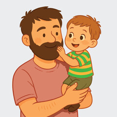 A heartwarming cartoon illustration of a bearded father lovingly holding his smiling young son. The child joyfully touches his dad's beard, highlighting the affectionate bond between them.