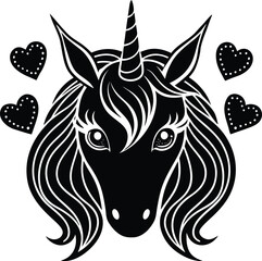 Enchanted Unicorn Head with Hearts Magical Creature Illustration