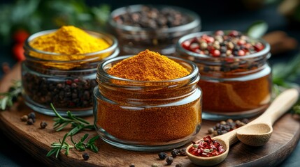 Various Spices in Glass Jars on Wooden Board