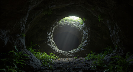 Obraz premium Looking up from inside a dark cave towards a circular opening to a sunlit, green world outside. A powerful concept of hope, escape, and rebirth. 
